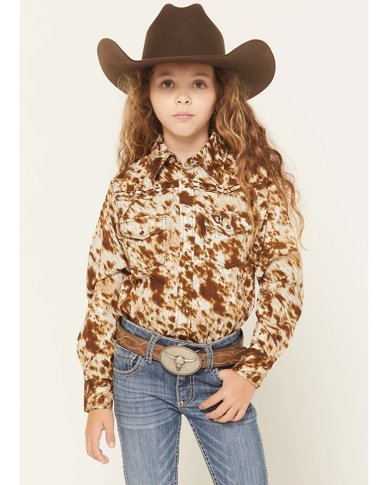 Cowgirl Hardware Girls' Cowhide Print Long Sleeve Pearl Snap Stretch Western Shirt