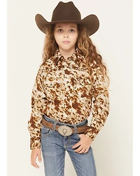 Cowgirl Hardware Girls' Cowhide Print Long Sleeve Pearl Snap Stretch Western Shirt