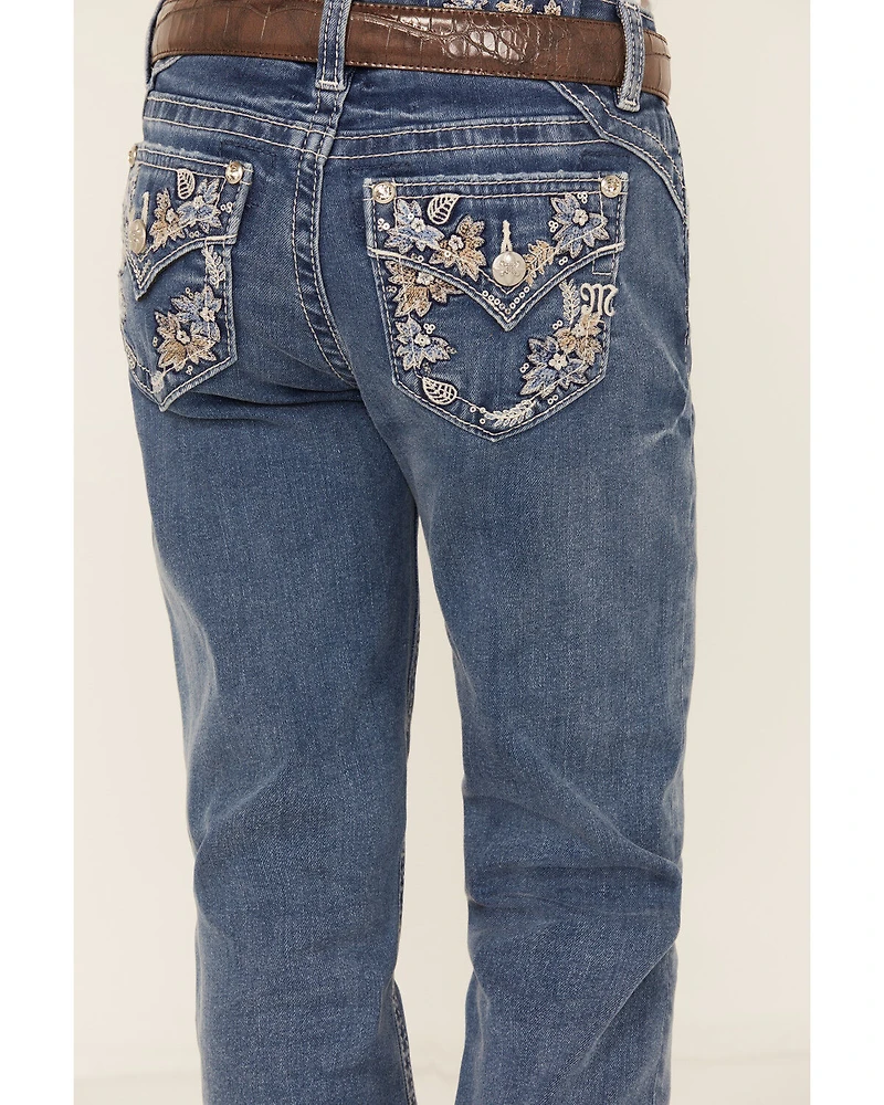 Miss Me Girls' Medium Wash Floral Border Bootcut Stretch Denim Jeans