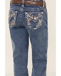 Miss Me Girls' Medium Wash Floral Border Bootcut Stretch Denim Jeans