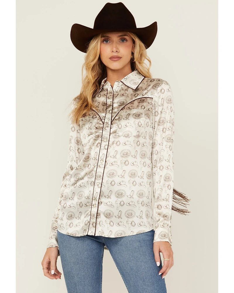 Rock & Roll Denim Women's Conversational Print Long Sleeve Fringe Snap Western Shirt