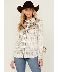 Rock & Roll Denim Women's Conversational Print Long Sleeve Fringe Snap Western Shirt