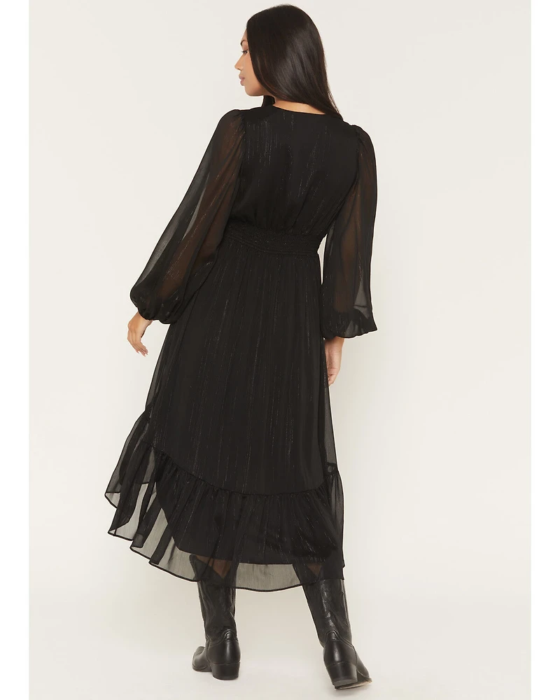 Shyanne Women's Josephine Faux Button-Down Long Sleeve Lurex Midi Dress