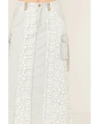 POL Women's Lace Light Wash Denim Midi Skirt
