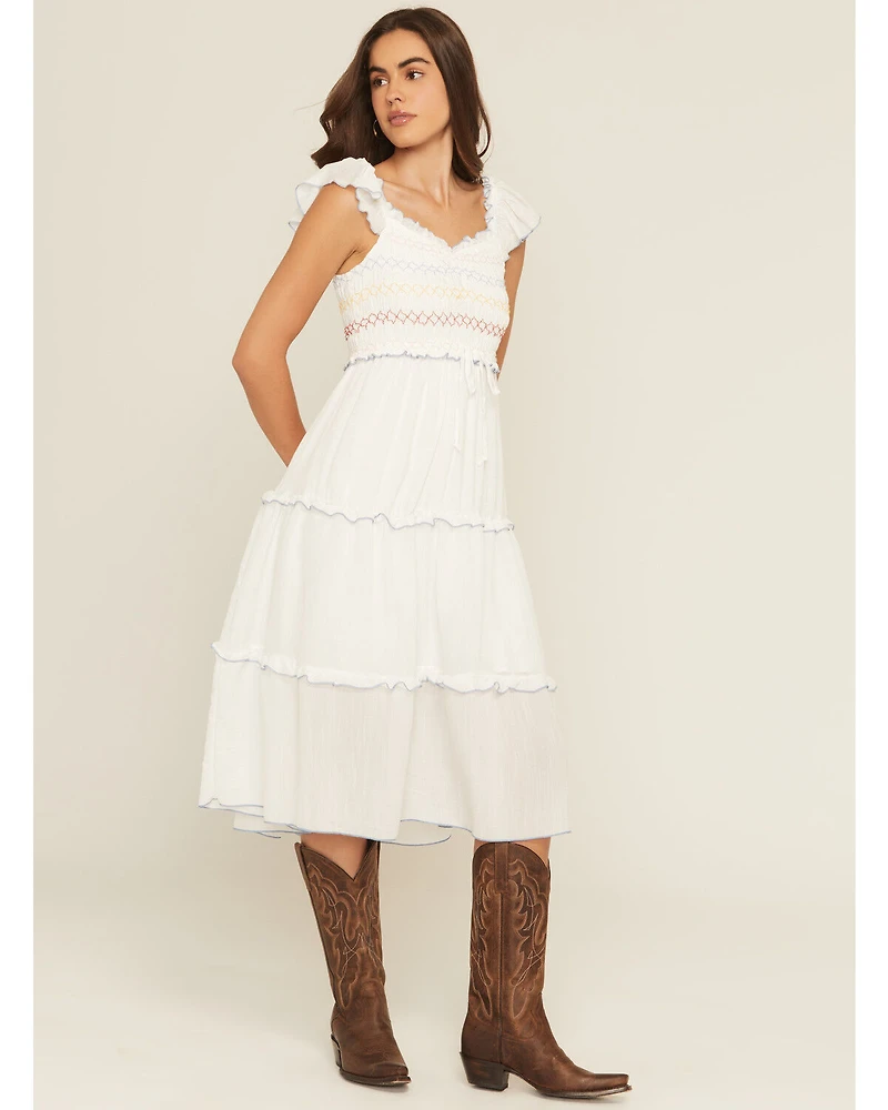 Wild Moss Women's Smocked Ruffle Sleeve Midi Dress