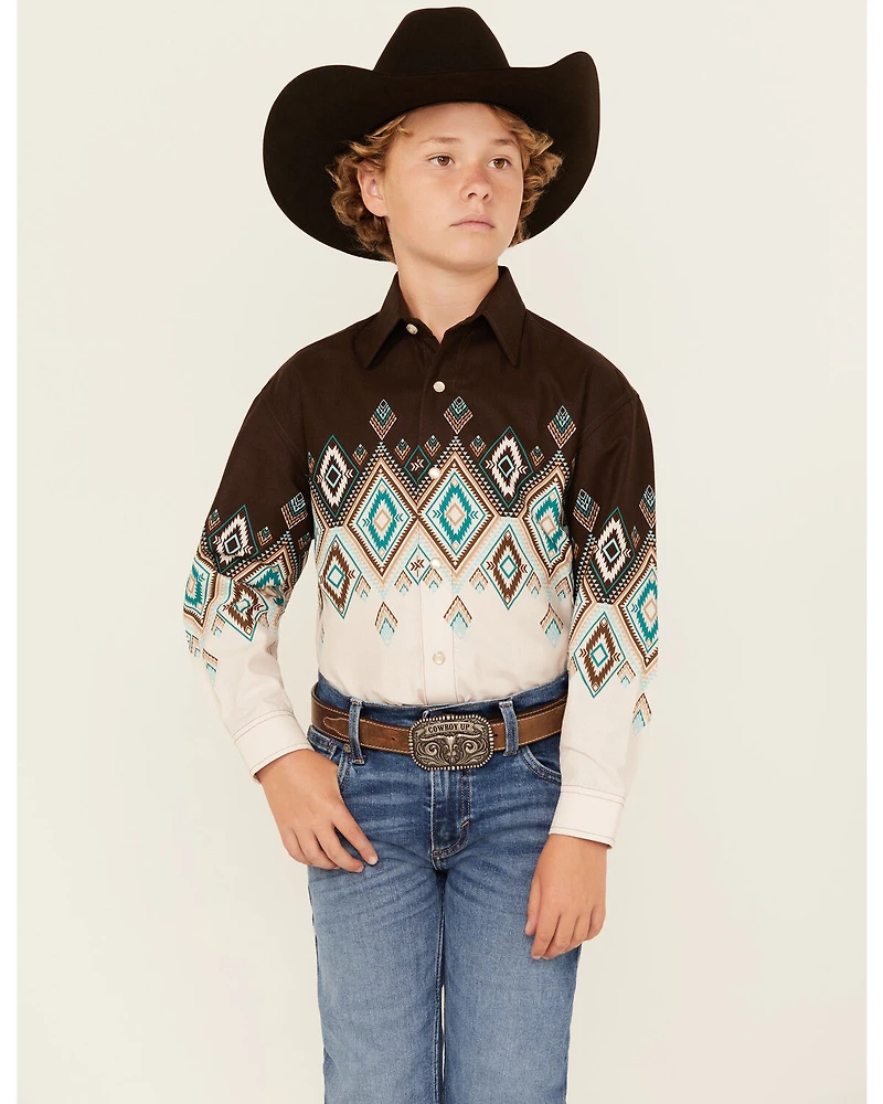 Panhandle Boys' Southwestern Print Border Long Sleeve Snap Western Shirt
