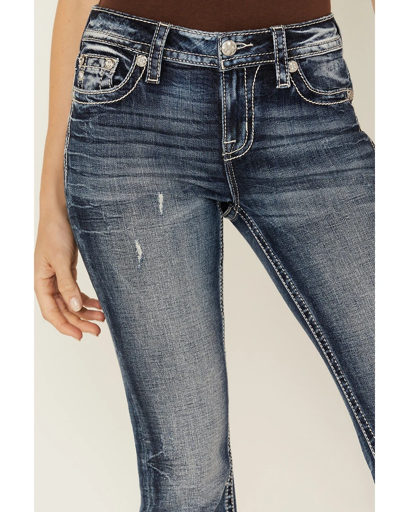 Miss Me Women's Dark Wash Mid Rise Faux Flap Pocket 34" Bootcut Stretch Denim Jeans