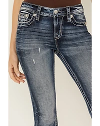 Miss Me Women's Dark Wash Mid Rise Faux Flap Pocket 34" Bootcut Stretch Denim Jeans