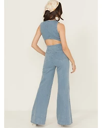 Flying Tomato Women's Light Wash Open Back Denim Jumpsuit