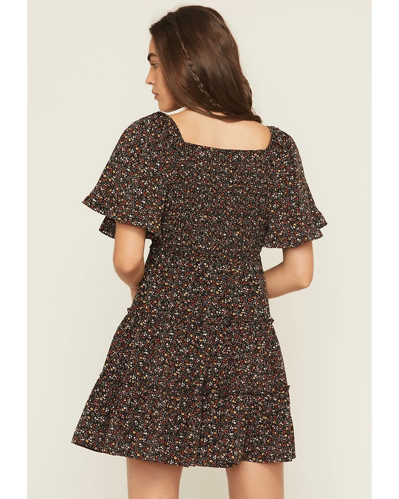 Yura Women's Floral Print Short Sleeve Smocked Mini Dress