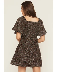 Yura Women's Floral Print Short Sleeve Smocked Mini Dress