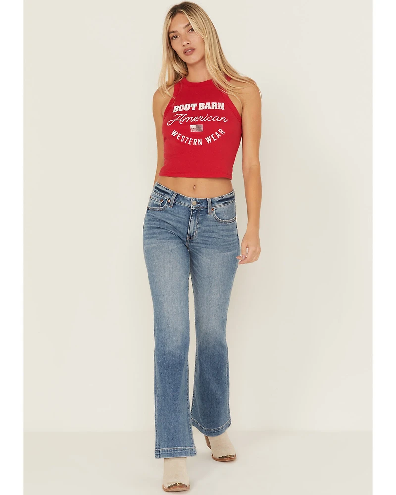 Daze Women's Text Me Medium Wash Mid Rise Flare Stretch Denim Jeans
