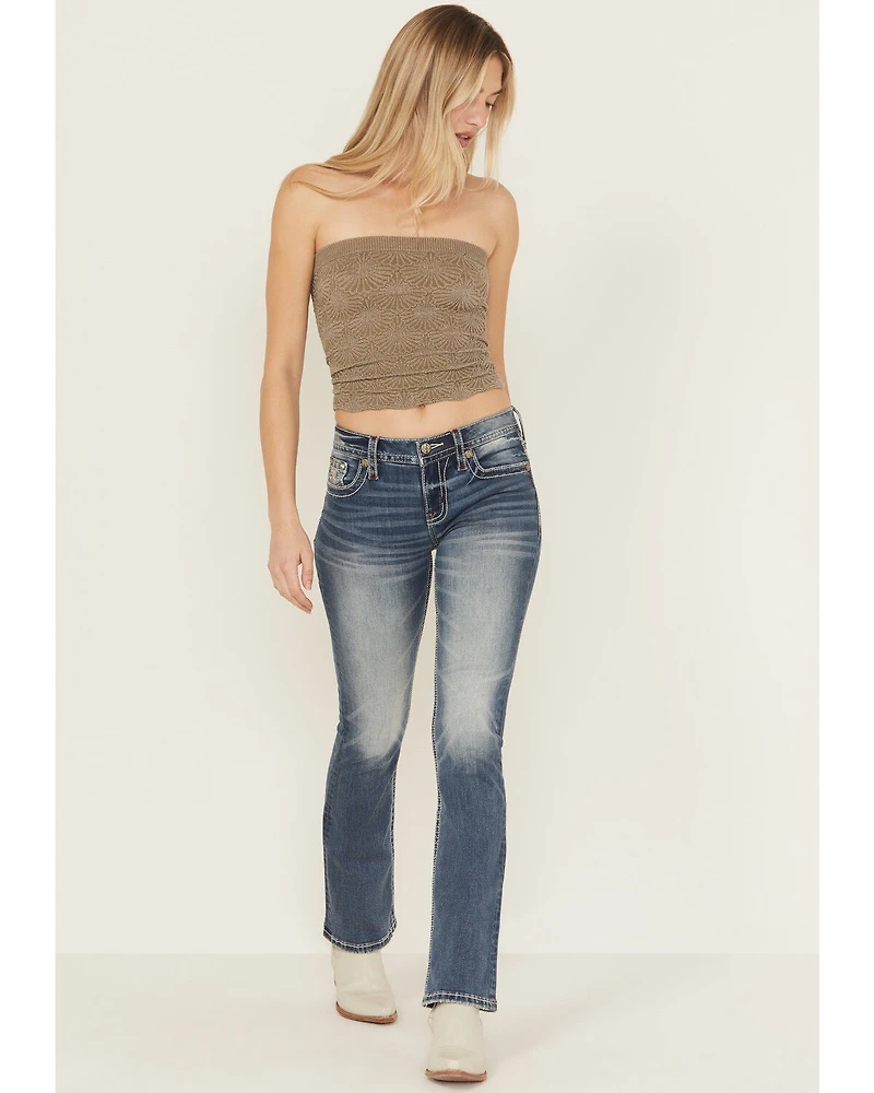 Miss Me Women's Medium Wash Mid Rise Embroidered 32" Bootcut Stretch Denim Jeans