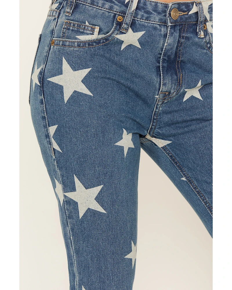 Rock & Roll Denim Women's Light Wash High Rise Star Print Americana Slit Flare Jeans