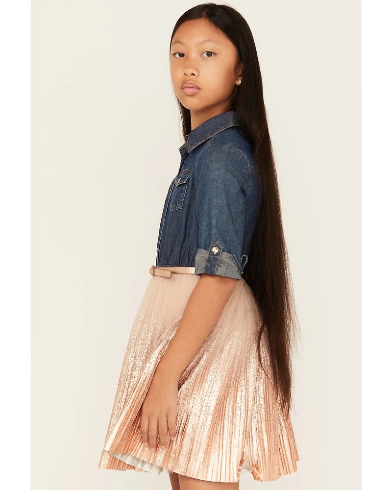 Sugar California Girls' Metallic Denim Quarter Sleeve Dress