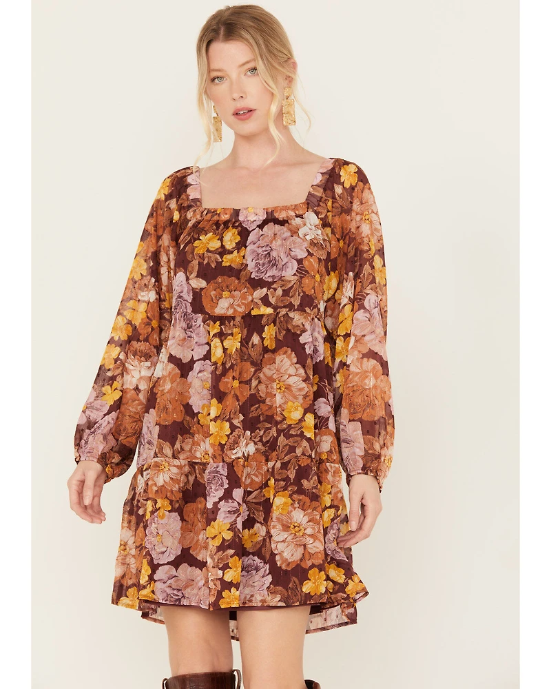 En Creme Women's Floral Print Long Sleeve Mini Dress