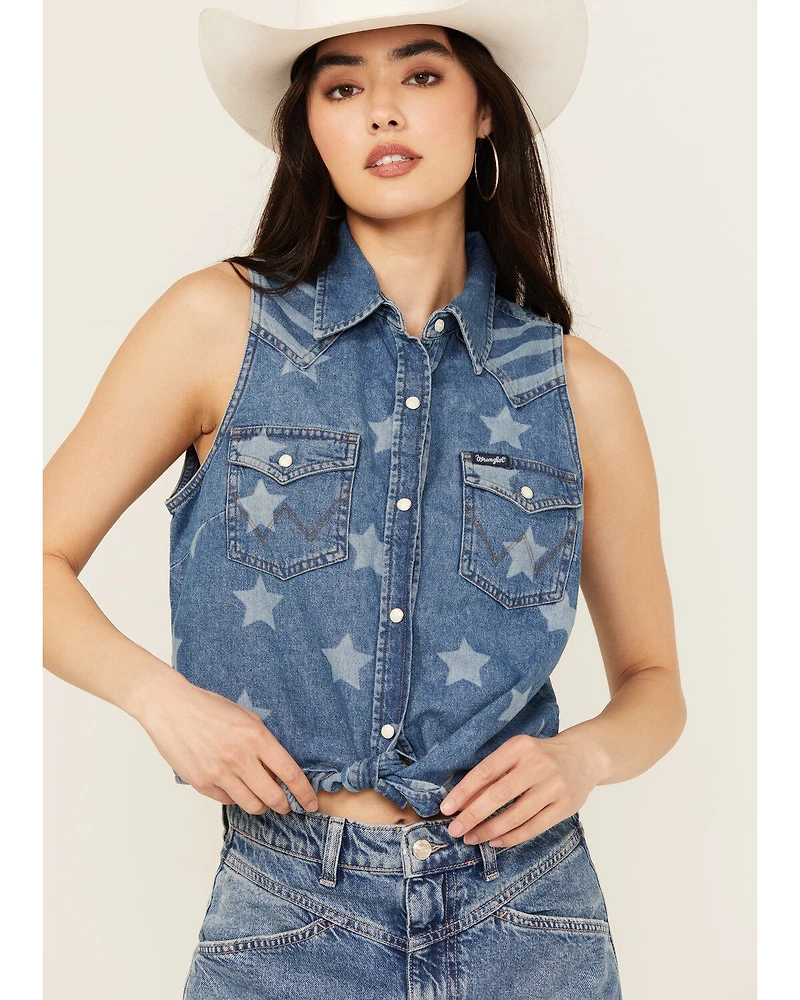 Wrangler Women's Americana Front Tie Sleeveless Snap Western Shirt