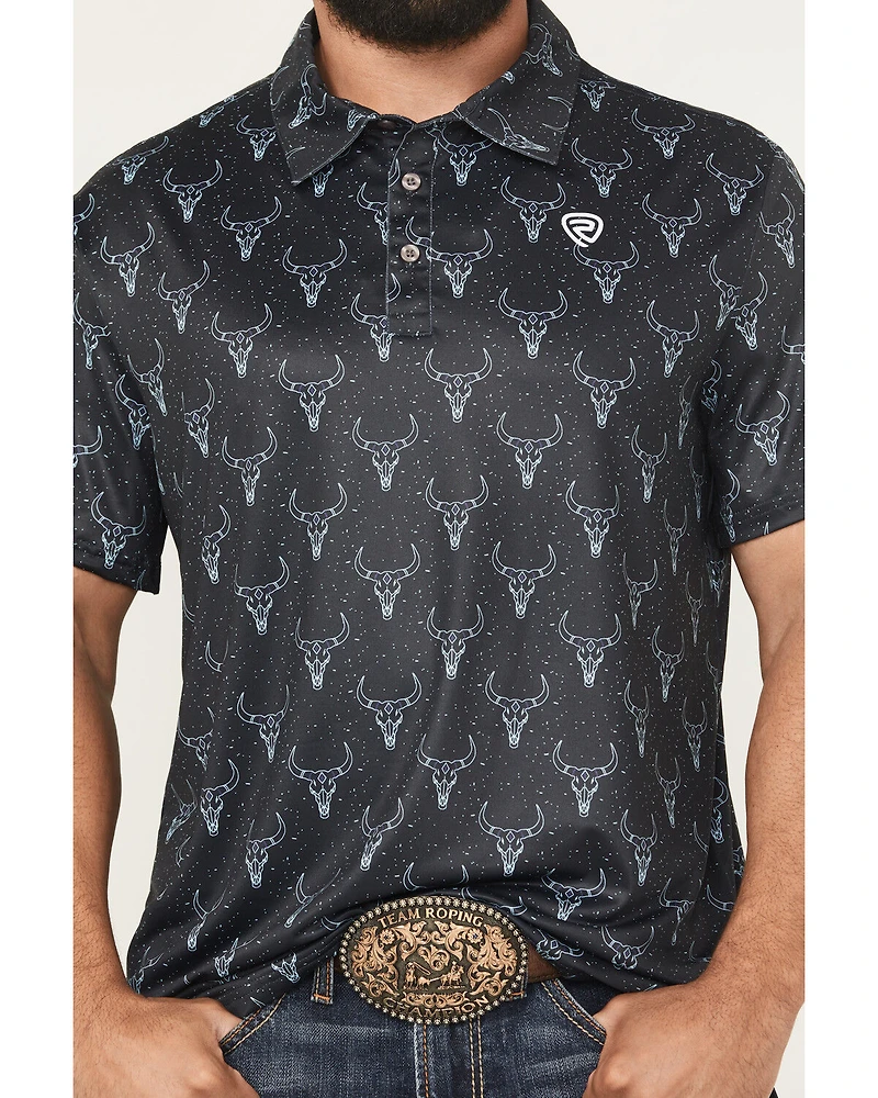 Rock & Roll Denim Men's Longhorn Print Short Sleeve Button-Down Stretch Polo Shirt