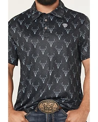 Rock & Roll Denim Men's Longhorn Print Short Sleeve Button-Down Stretch Polo Shirt