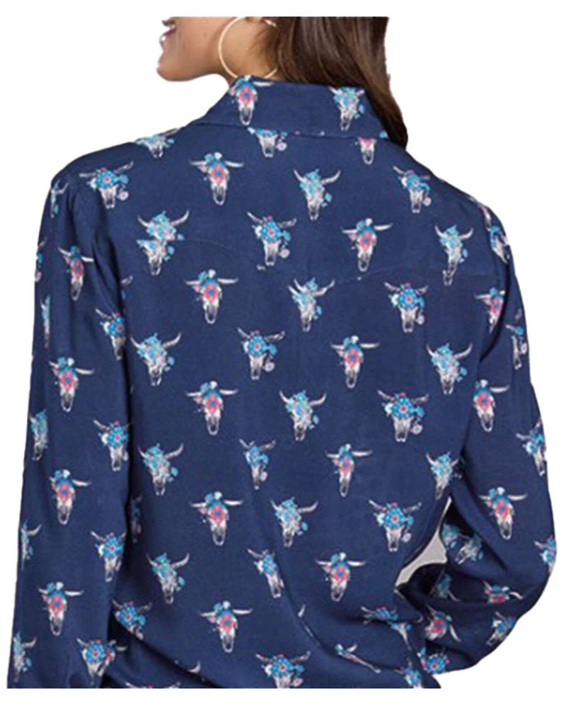 Roper Women's Floral Steer Head Long Sleeve Pearl Snap Western Shirt