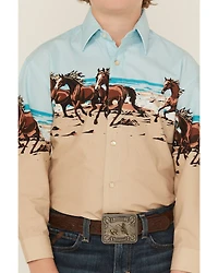 Panhandle Slim Boys' Horses And Beach Border Long Sleeve Snap Western Shirt