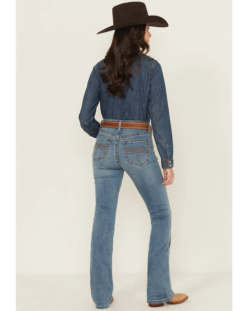 Rock & Roll Denim Women's Medium Wash Mid Rise Boot Stitch Bootcut Stretch Jeans