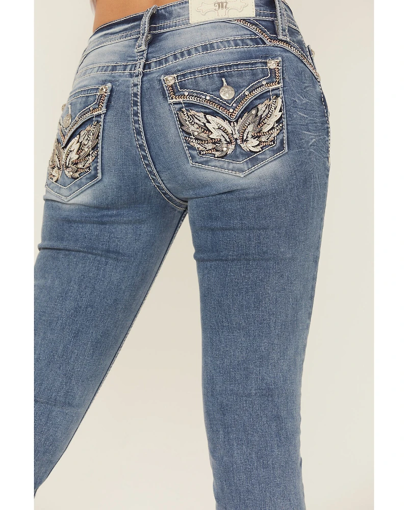 Miss Me Women's Medium Wash Wing Embroidered 32" Bootcut Stretch Jeans