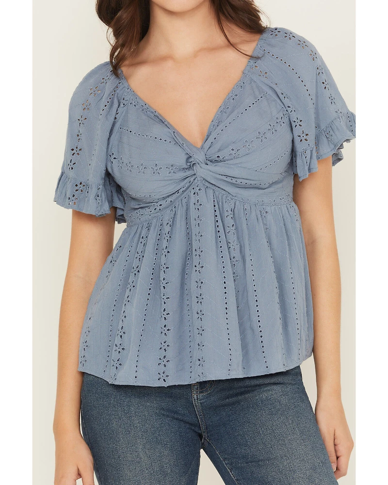 Angie Women's Eyelet Short Puff Sleeve Shirt