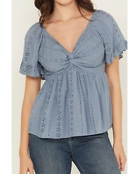 Angie Women's Eyelet Short Puff Sleeve Shirt