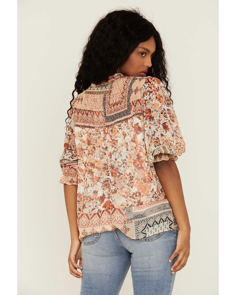 Miss Me Women's Mauve Patchwork Peasant Tassel Top