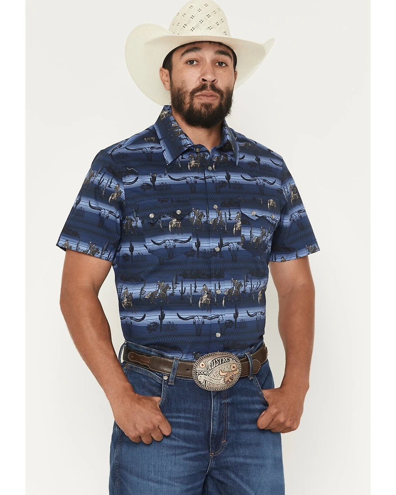 Rock & Roll Denim Men's Serape Striped Steerhead Short Sleeve Snap Stretch Western Shirt