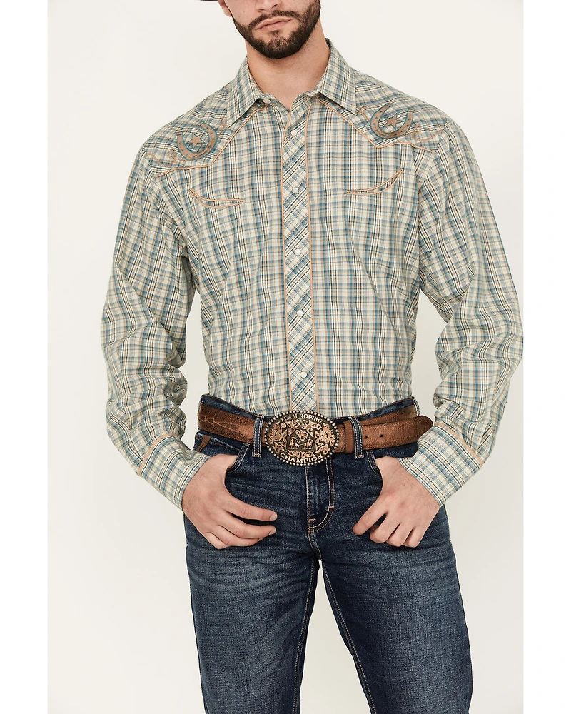 Roper Men's Plaid Print Embroidered Long Sleeve Pearl Snap Western Shirt