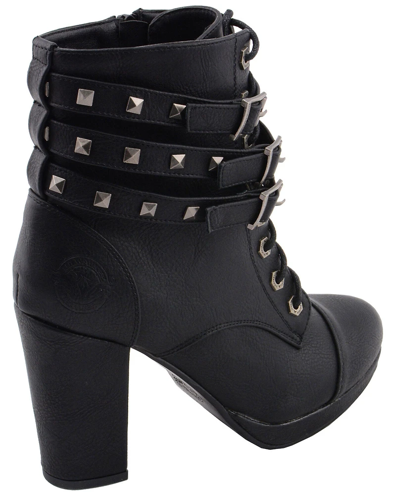 Milwaukee Leather Women's Studded Buckle Strap Laced Boots - Round Toe
