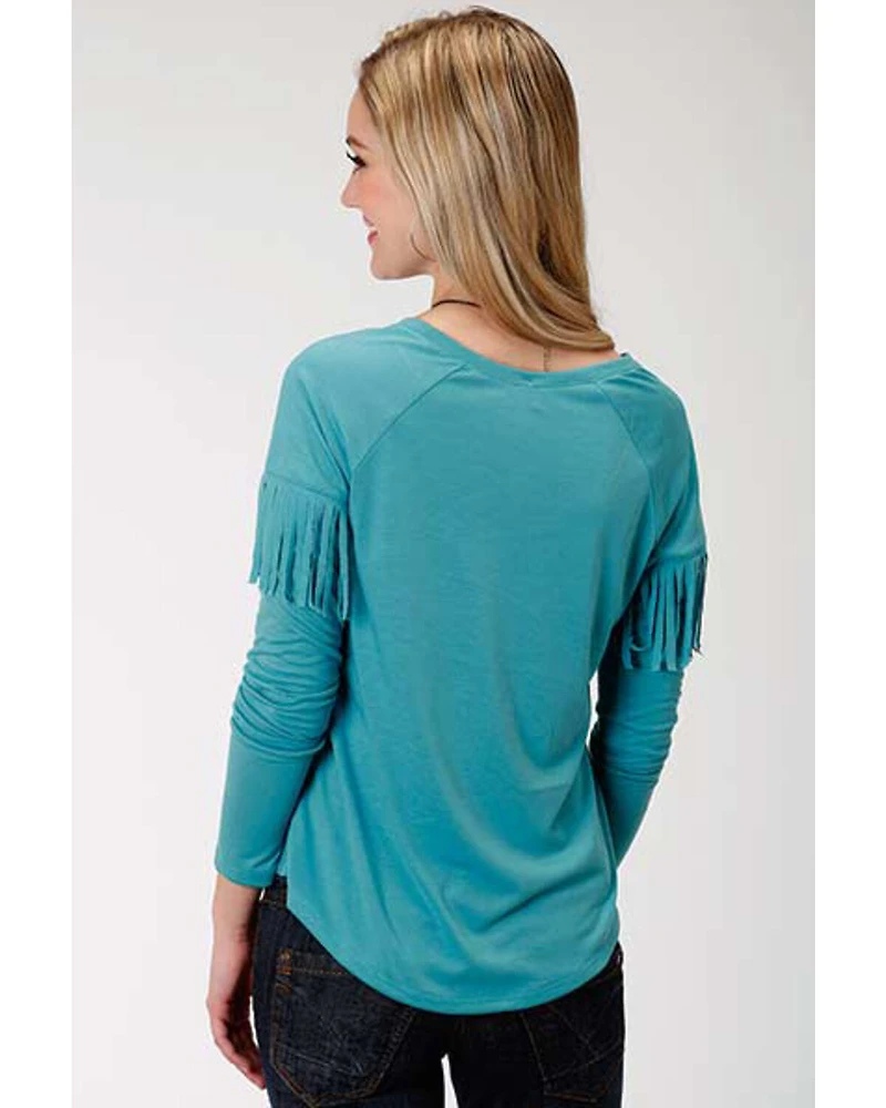 Roper Women's Solid Blue Feather Graphic Long Sleeve Top