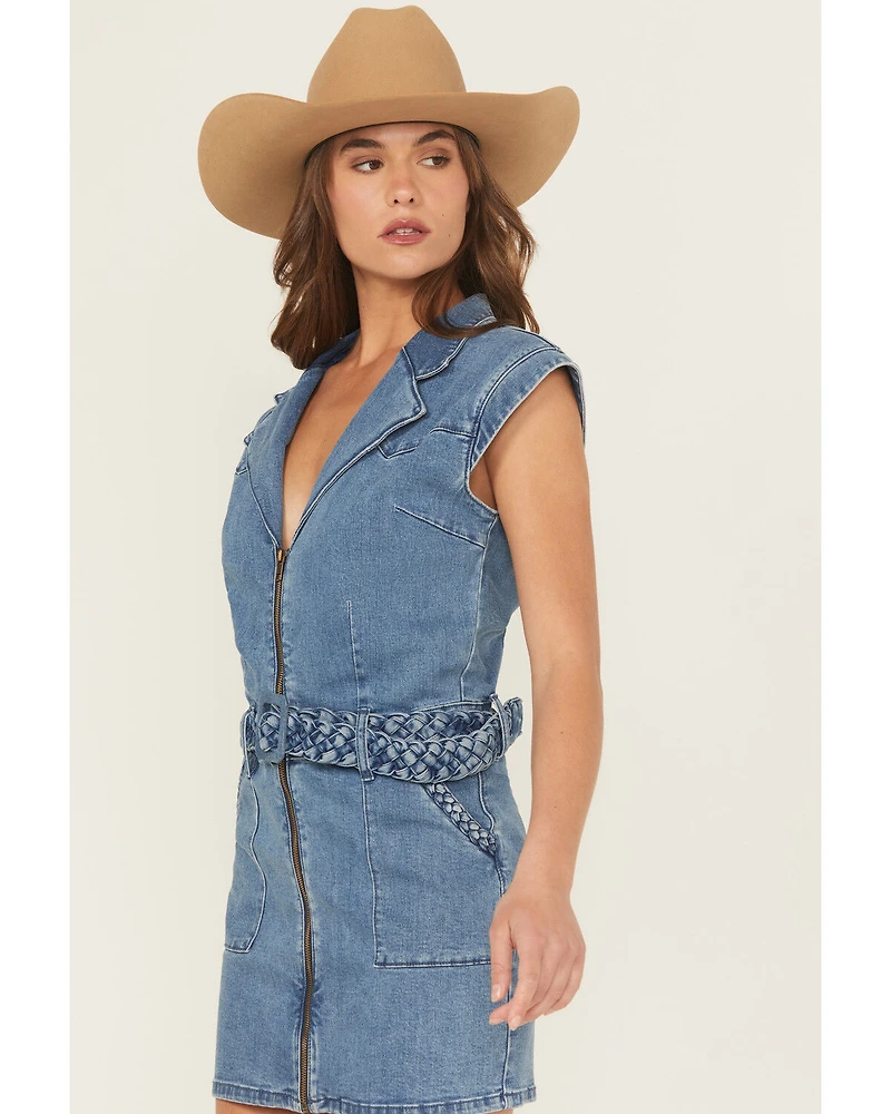 Rock & Roll Denim Women's Medium Wash Braided Short Sleeve Mini Dress