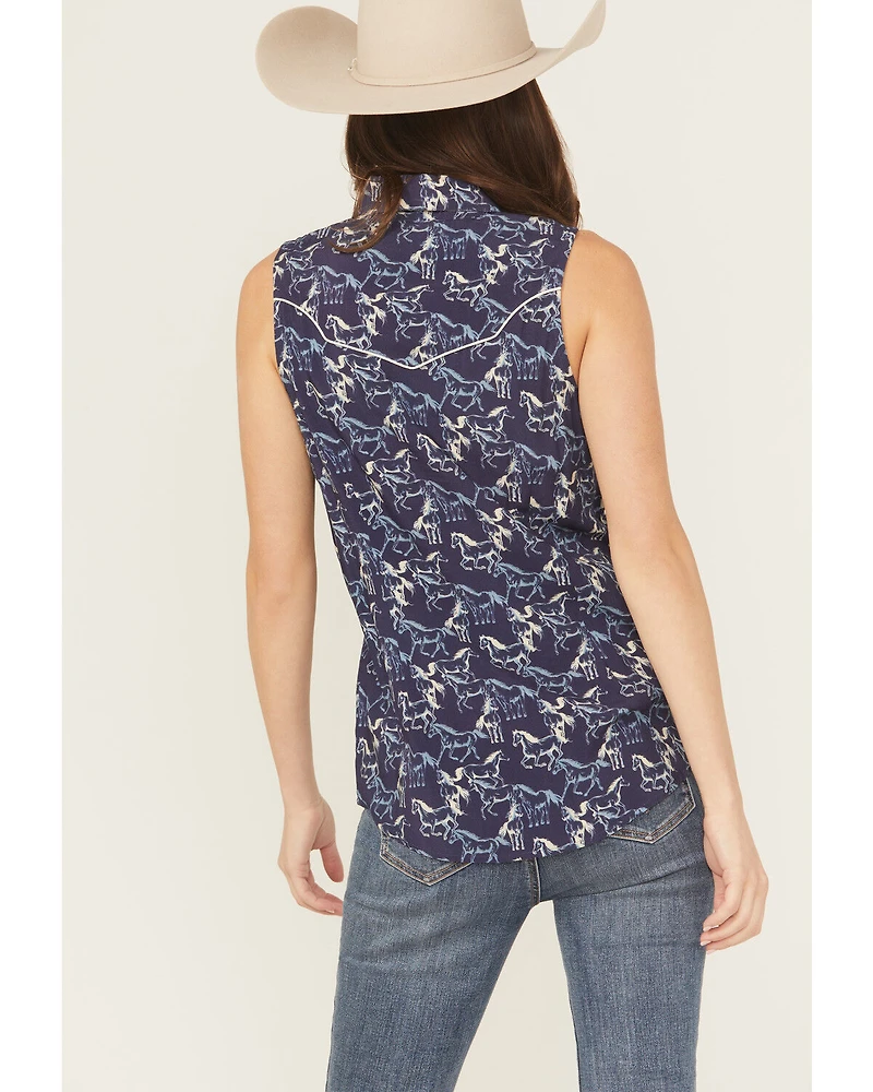 Rock & Roll Denim Women's Running Horses Sleeveless Snap Western Shirt
