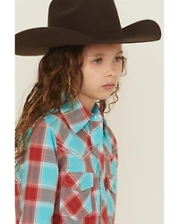 Cowgirl Hardware Girls' Plaid Print Long Sleeve Pearl Snap Stretch Western Shirt