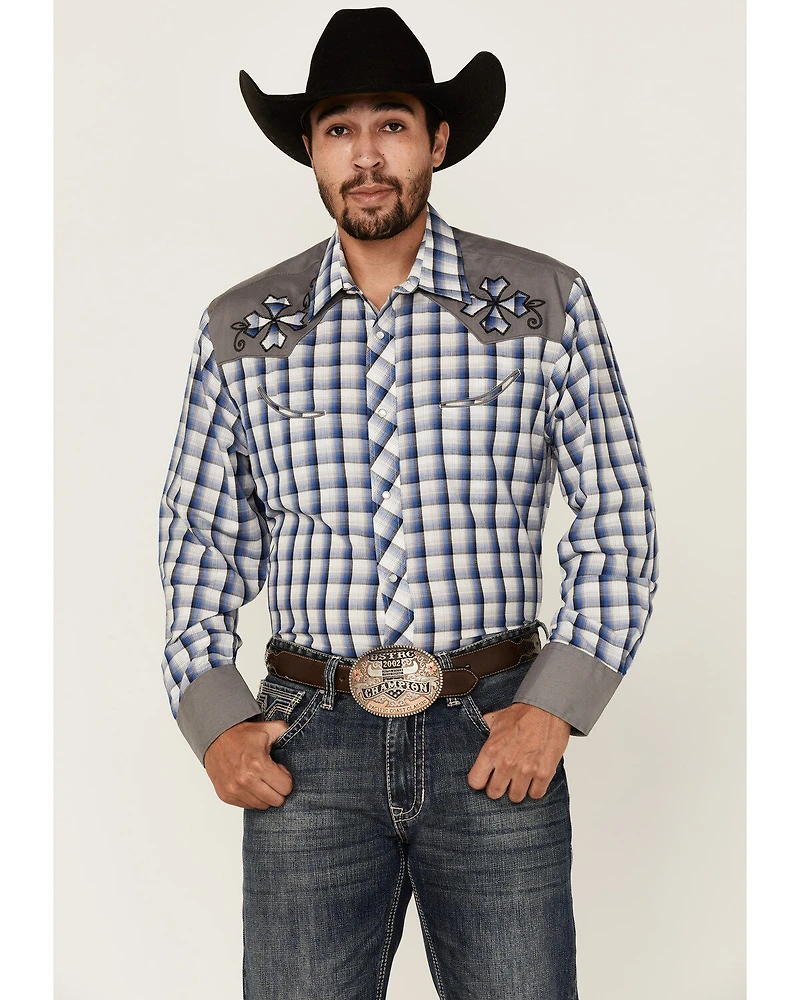 Roper Men's Checkered Embroidered Plaid Print Long Sleeve Pearl Snap Western Shirt