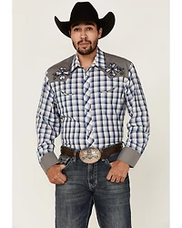 Roper Men's Checkered Embroidered Plaid Print Long Sleeve Pearl Snap Western Shirt