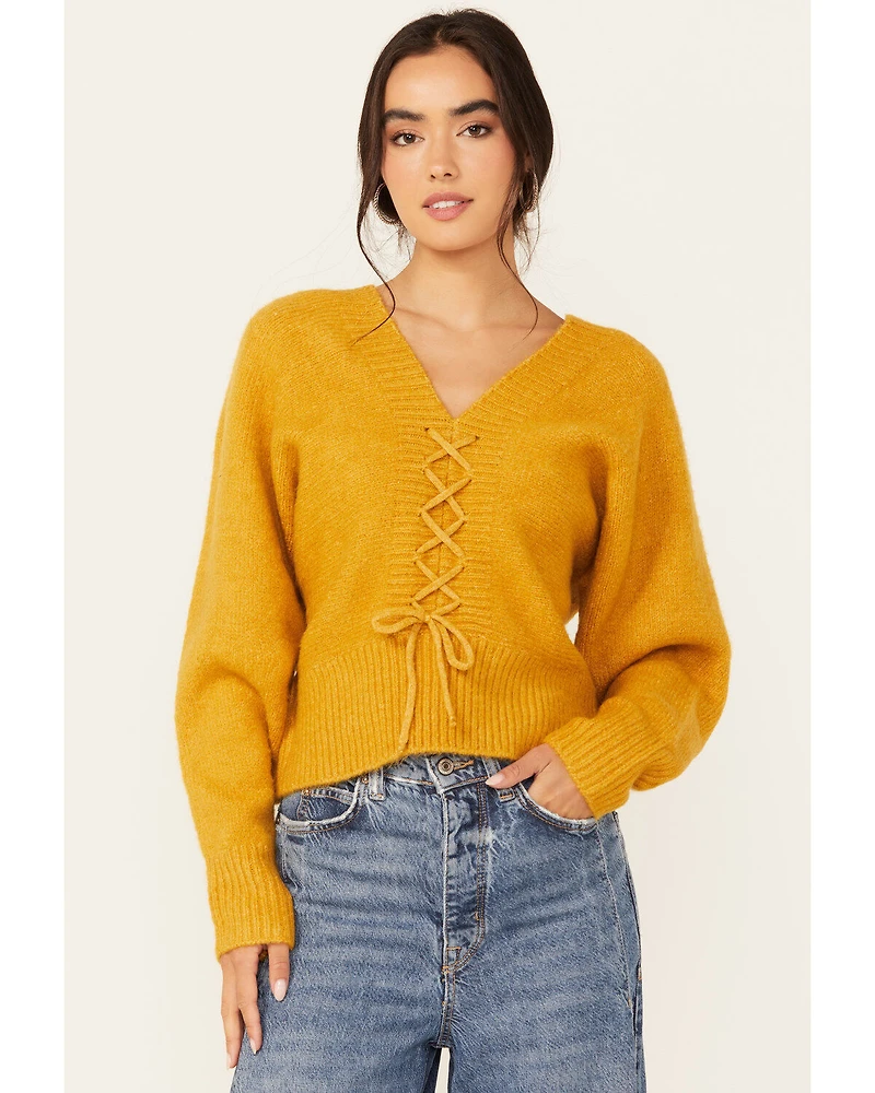 Molly Bracken Women's Long Sleeve Mock Lace-Up Sweater