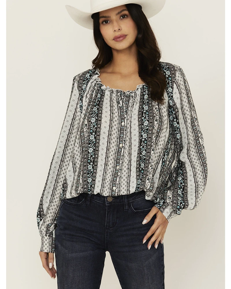 Wild Moss Women's Floral Striped Print Long Sleeve Peasant Shirt
