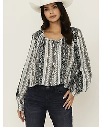 Wild Moss Women's Floral Striped Print Long Sleeve Peasant Shirt