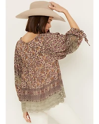 Angie Women's Long Sleeve Macrame Insert Floral Border Print Top