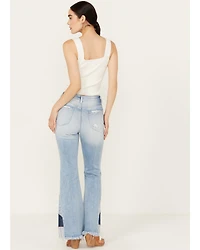 Ceros Women's Light Wash High Rise Destructed Patchwork Flare Stretch Jeans