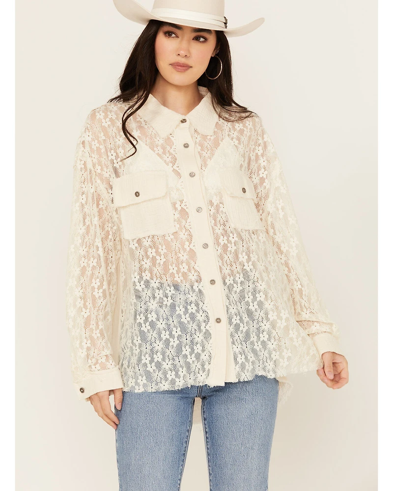 People of Leisure Women's Floral Lace Long Sleeve Button-Down Shirt
