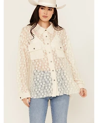 People of Leisure Women's Floral Lace Long Sleeve Button-Down Shirt