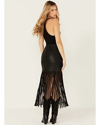 Wonderwest Women's Chain and Braid Fringe Leather Skirt