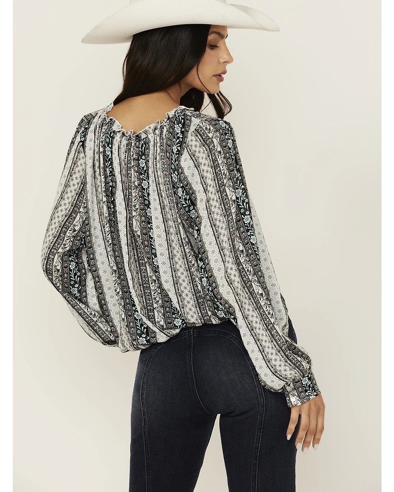 Wild Moss Women's Floral Striped Print Long Sleeve Peasant Shirt