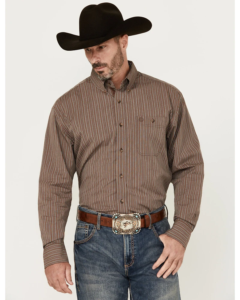 George Strait by Wrangler Men's Striped Print Long Sleeve Button-Down Stretch Western Shirt