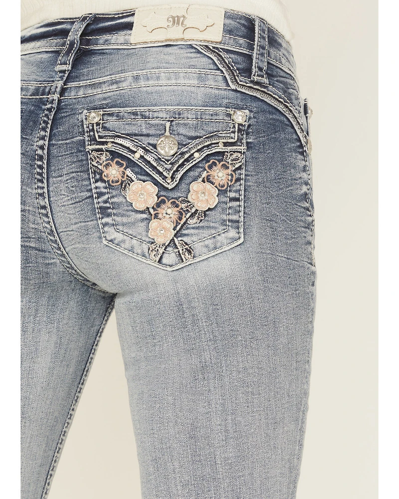 Miss Me Women's Light Wash Mid Rise Floral Embroidered 32" Bootcut Stretch Denim Jeans